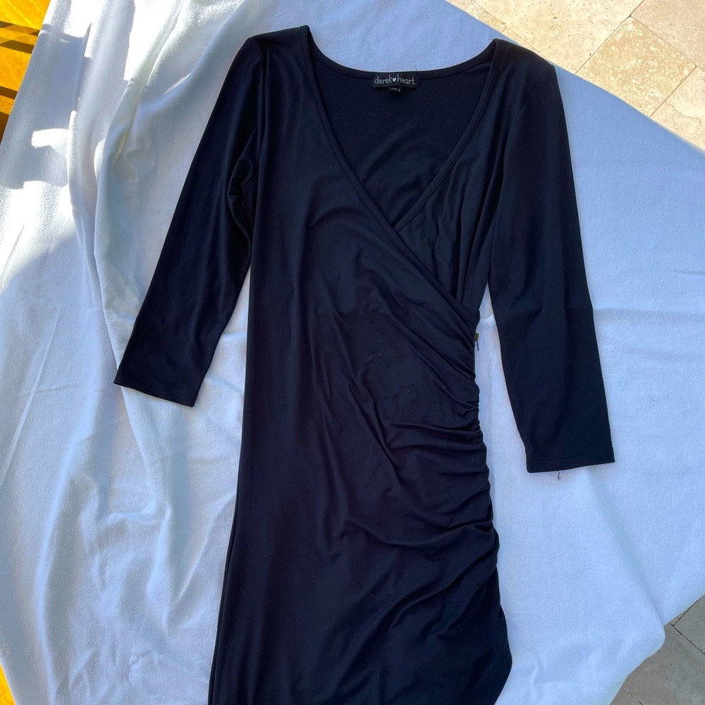 Charcoal gray asymmetric dress with 3/4 sleeves, size M